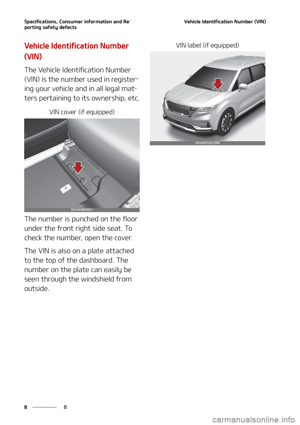 KIA CARNIVAL 2022  Owners Manual �4�Q�F�D�J�G�J�D�B�U�J�P�O�T�
��$�P�O�T�V�N�F�S��J�O�G�P�S�N�B�U�J�P�O��B�O�E��3�F-
�Q�P�S�U�J�O�H��T�B�G�F�U�Z��E�F�G�F�D�U�T
�
�
�7�F�I�J�D�M�F��*�E�F�O�U�J�G�J�D�B�U�J�P�O��/�V�N�C�F�S��