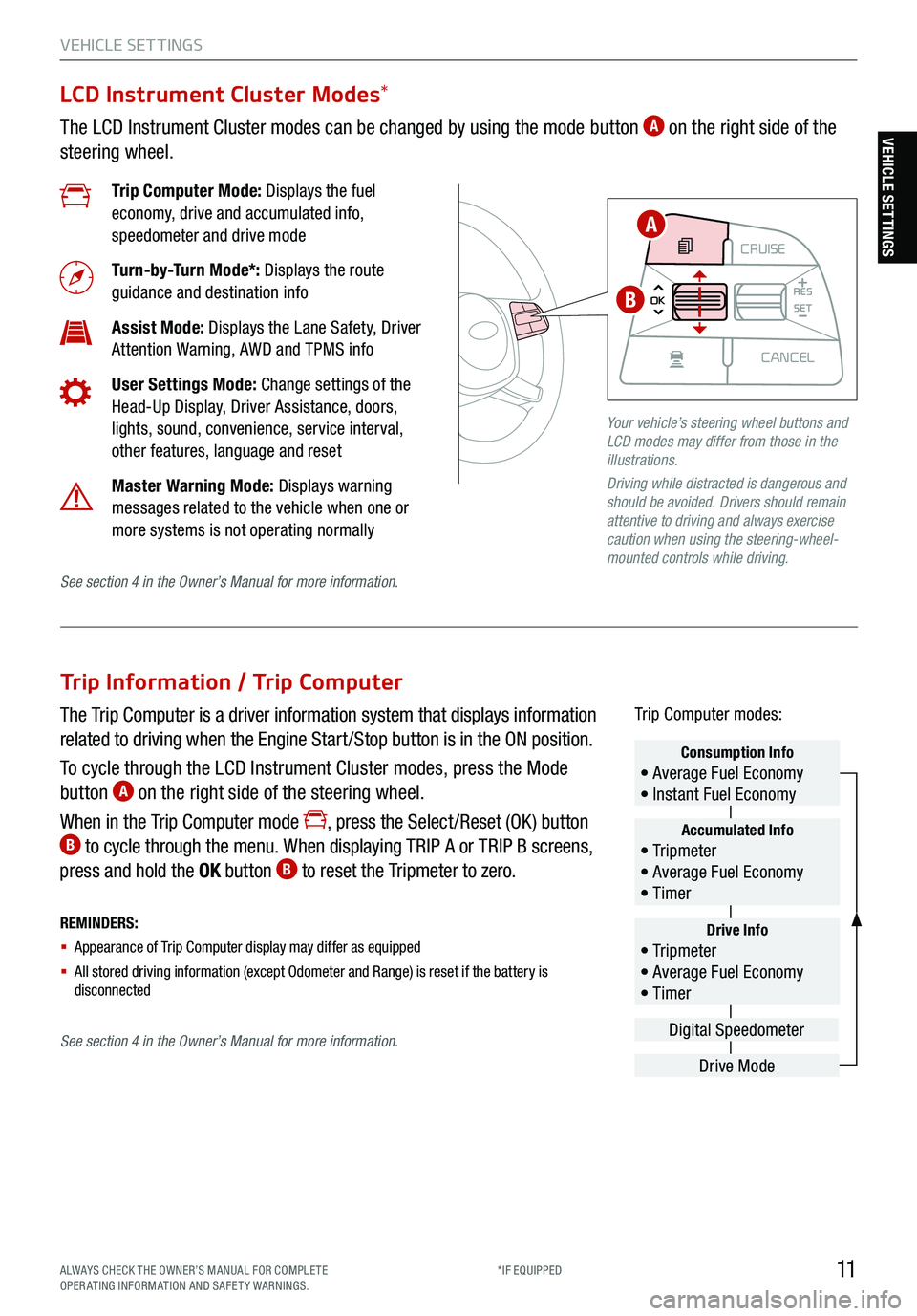 KIA TELLURIDE 2021  Features and Functions Guide 11ALWAYS CHECK THE OWNER’S MANUAL FOR COMPLE TE  
OPERATING INFORMATION AND SAFETY WARNINGS. *IF EQUIPPED
VEHICLE SET TINGS
Trip Information / Trip Computer
The Trip Computer is a driver information
