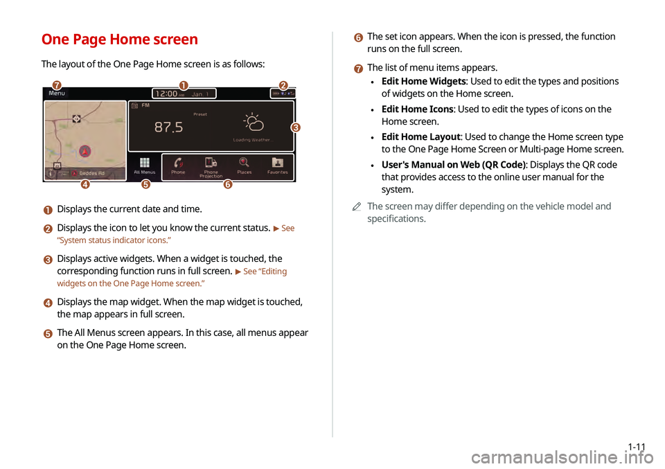 KIA TELLURIDE 2020  Navigation System Quick Reference Guide 1-11
f The set icon appears. When the icon is pressed, the function 
runs on the full screen.
g The list of menu items appears.
 \225Edit Home Widgets: Used to edit the types and positions 
of widgets