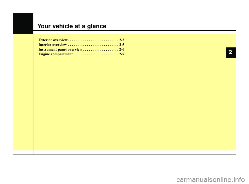 KIA RIO 2022  Owners Manual Your vehicle at a glance
Exterior overview . . . . . . . . . . . . . . . . . . . . . . . . . . . 2-2
Interior overview . . . . . . . . . . . . . . . . . . . . . . . . . . . 2-5
Instrument panel overvi