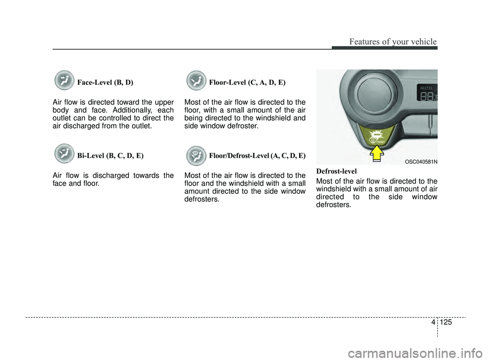 KIA RIO 2022  Owners Manual 4125
Features of your vehicle
Face-Level (B, D)
Air flow is directed toward the upper
body and face. Additionally, each
outlet can be controlled to direct the
air discharged from the outlet.
Bi-Level 