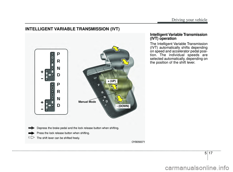 KIA RIO 2022  Owners Manual 517
Driving your vehicle
Intelligent Variable Transmission
(IVT) operation
The Intelligent Variable Transmission
(IVT) automatically shifts depending
on speed and accelerator pedal posi-
tion. The ind