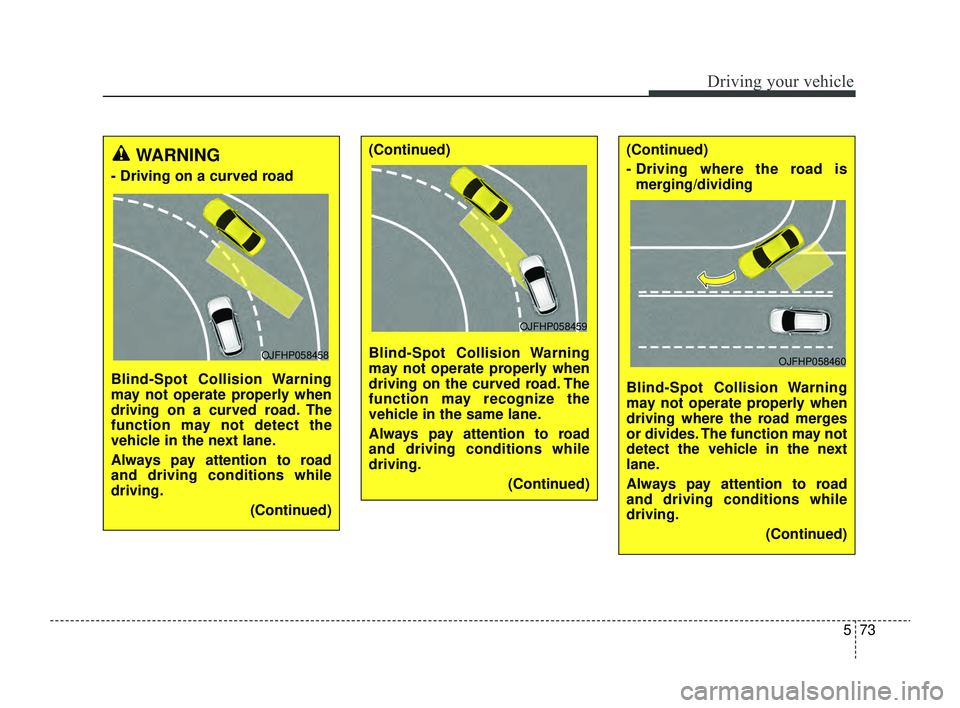 KIA RIO 2022  Owners Manual 573
Driving your vehicle
WARNING 
- Driving on a curved road
Blind-Spot Collision Warning
may not operate properly when
driving on a curved road. The
function may not detect the
vehicle in the next la