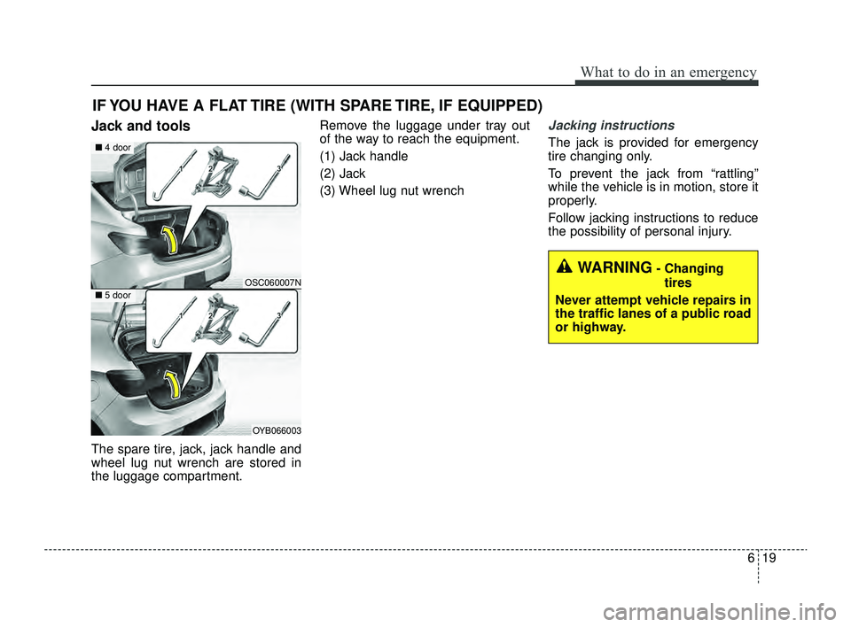 KIA RIO 2022  Owners Manual 619
What to do in an emergency
IF YOU HAVE A FLAT TIRE (WITH SPARE TIRE, IF EQUIPPED)
Jack and tools
The spare tire, jack, jack handle and
wheel lug nut wrench are stored in
the luggage compartment.Re
