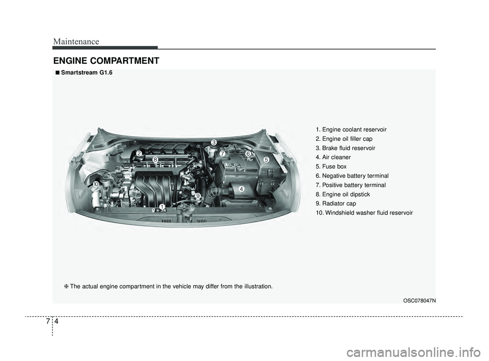 KIA RIO 2022  Owners Manual Maintenance
47
ENGINE COMPARTMENT
OSC078047N
■ ■Smartstream G1.6❈ The actual engine compartment in the vehicle may differ from the illustration. 1. Engine coolant reservoir
2. Engine oil filler 