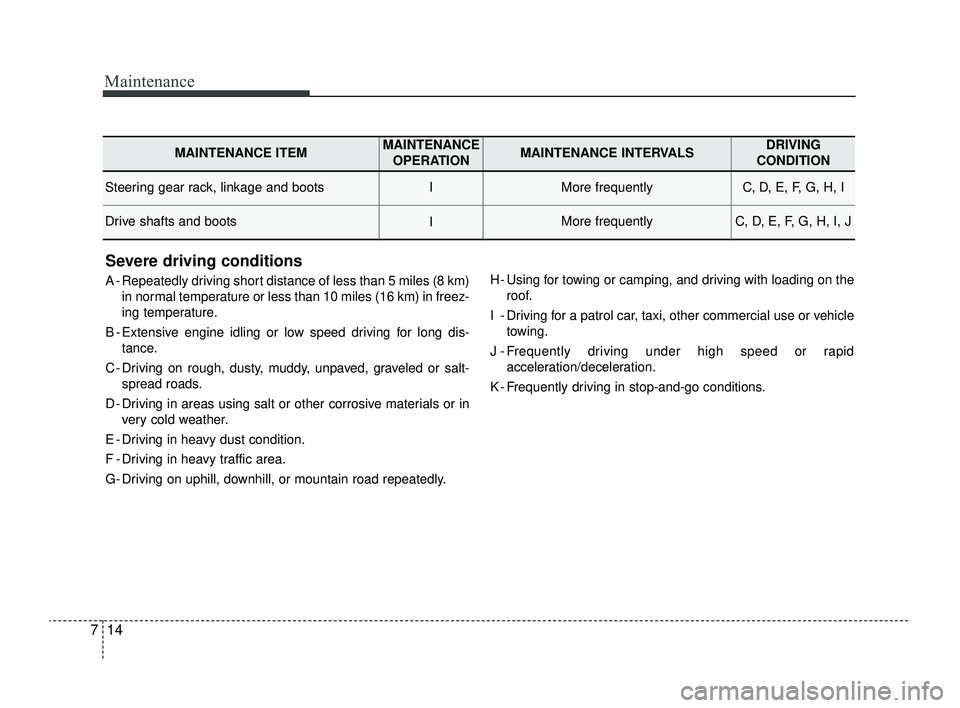 KIA RIO 2022 Owners Manual Maintenance
14
7
Severe driving conditions
A - Repeatedly driving short distance of less than 5 miles (8 km)
in normal temperature or less than 10 miles (16 km) in freez-
ing temperature.
B - Extensiv KIA RIO 2022 Owners Manual Maintenance
14
7
Severe driving conditions
A - Repeatedly driving short distance of less than 5 miles (8 km)
in normal temperature or less than 10 miles (16 km) in freez-
ing temperature.
B - Extensiv