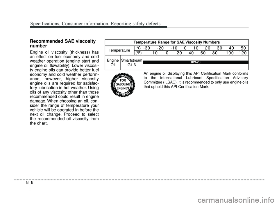 KIA RIO 2022 Owners Manual Specifications, Consumer information, Reporting safety defects
88
Recommended SAE viscosity
number
Engine oil viscosity (thickness) has
an effect on fuel economy and cold
weather operation (engine KIA RIO 2022 Owners Manual Specifications, Consumer information, Reporting safety defects
88
Recommended SAE viscosity
number
Engine oil viscosity (thickness) has
an effect on fuel economy and cold
weather operation (engine