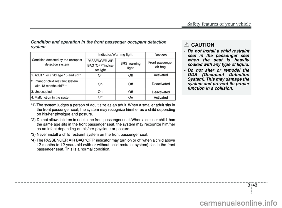 KIA RIO 2022 Owners Manual 343
Safety features of your vehicle
Condition and operation in the front passenger occupant detectionsystem
*1) The system judges a person of adult size as an adult. When a smaller adult sits in
the f KIA RIO 2022 Owners Manual 343
Safety features of your vehicle
Condition and operation in the front passenger occupant detectionsystem
*1) The system judges a person of adult size as an adult. When a smaller adult sits in
the f