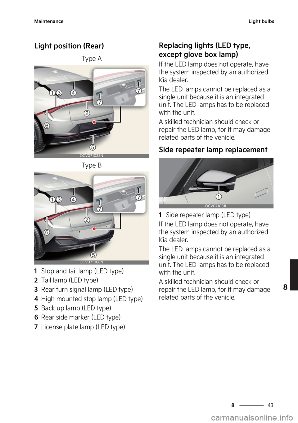 KIA EV6 2022  Owners Manual ��
�
�
�.�B�J�O�U�F�O�B�O�D�F�-�J�H�I�U��C�V�M�C�T
�-�J�H�I�U��Q�P�T�J�U�J�P�O��	�3�F�B�S�

�5�Z�Q�F��"
�5�Z�Q�F��#
���4�U�P�Q��B�O�E��U�B�J�M��M�B�N�Q��	�-�&�%��U�Z�Q�F�

���5�B�J�M