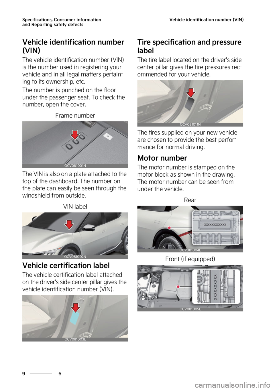 KIA EV6 2022  Owners Manual �4�Q�F�D�J�G�J�D�B�U�J�P�O�T�
��$�P�O�T�V�N�F�S��J�O�G�P�S�N�B�U�J�P�O�
�B�O�E��3�F�Q�P�S�U�J�O�H��T�B�G�F�U�Z��E�F�G�F�D�U�T
�
�
�7�F�I�J�D�M�F��J�E�F�O�U�J�G�J�D�B�U�J�P�O��O�V�N�C�F�S��	