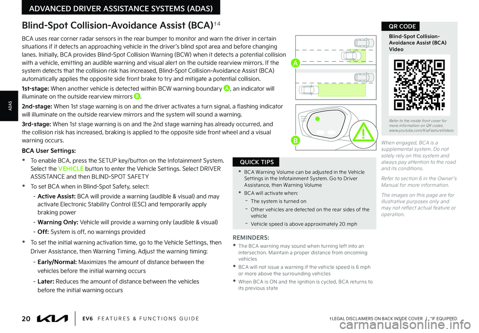 KIA EV6 2022  Features and Functions Guide 20†LEGAL DISCL AIMERS ON BACK INSIDE COVER   |   *IF EQUIPPEDEV6   FEATURES & FUNCTIONS GUIDE
Refer to the inside front cover for  more information on QR codes.www.youtube.com/KiaFeatureVideos
Blind