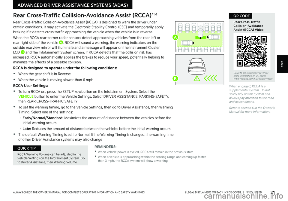 KIA EV6 2022  Features and Functions Guide 21†LEGAL DISCL AIMERS ON BACK INSIDE COVER   |   *IF EQUIPPEDALWAYS CHECK THE OWNER ’S MANUAL FOR COMPLETE OPER ATING INFORMATION AND SAFET Y WARNINGS. 
Refer to the inside front cover for  more i