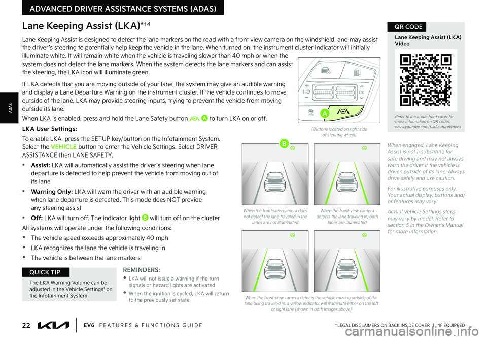 KIA EV6 2022  Features and Functions Guide 22†LEGAL DISCL AIMERS ON BACK INSIDE COVER   |   *IF EQUIPPEDEV6   FEATURES & FUNCTIONS GUIDE
Refer to the inside front cover for  more information on QR codes.www.youtube.com/KiaFeatureVideos
Lane 