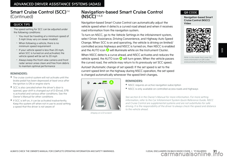 KIA EV6 2022  Features and Functions Guide Refer to the inside front cover for  more information on QR codes.www.youtube.com/KiaFeatureVideos
Navigation-based Smart Cruise Control (NSCC) Video
QR CODE
31†LEGAL DISCL AIMERS ON BACK INSIDE COV