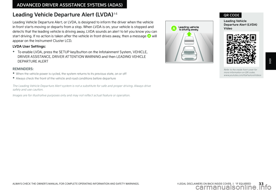 KIA EV6 2022  Features and Functions Guide 33†LEGAL DISCL AIMERS ON BACK INSIDE COVER   |   *IF EQUIPPEDALWAYS CHECK THE OWNER ’S MANUAL FOR COMPLETE OPER ATING INFORMATION AND SAFET Y WARNINGS. 
Refer to the inside front cover for  more i