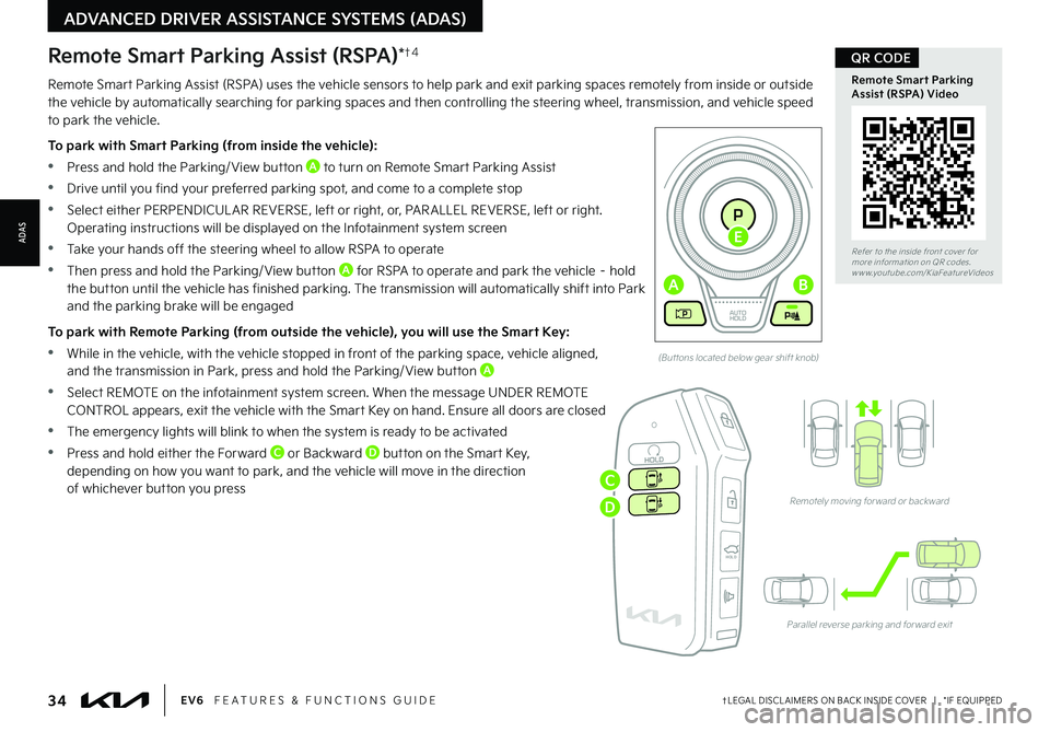 KIA EV6 2022  Features and Functions Guide 34†LEGAL DISCL AIMERS ON BACK INSIDE COVER   |   *IF EQUIPPEDEV6   FEATURES & FUNCTIONS GUIDE
Refer to the inside front cover for  more information on QR codes.www.youtube.com/KiaFeatureVideos
Remot