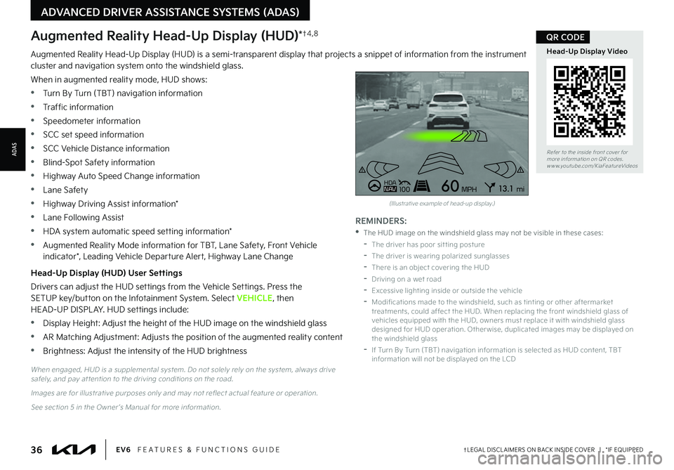 KIA EV6 2022  Features and Functions Guide 36†LEGAL DISCL AIMERS ON BACK INSIDE COVER   |   *IF EQUIPPEDEV6   FEATURES & FUNCTIONS GUIDE
Refer to the inside front cover for  more information on QR codes.www.youtube.com/KiaFeatureVideos
Head-