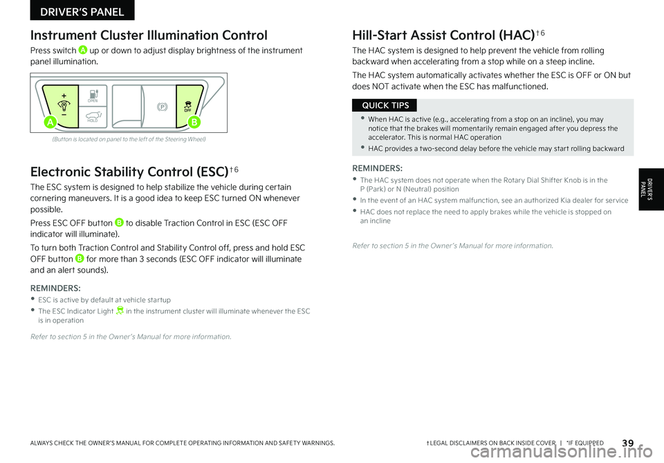 KIA EV6 2022  Features and Functions Guide 39†LEGAL DISCL AIMERS ON BACK INSIDE COVER   |   *IF EQUIPPEDALWAYS CHECK THE OWNER ’S MANUAL FOR COMPLETE OPER ATING INFORMATION AND SAFET Y WARNINGS. 
Electronic Stability Control (ESC)†6
The 
