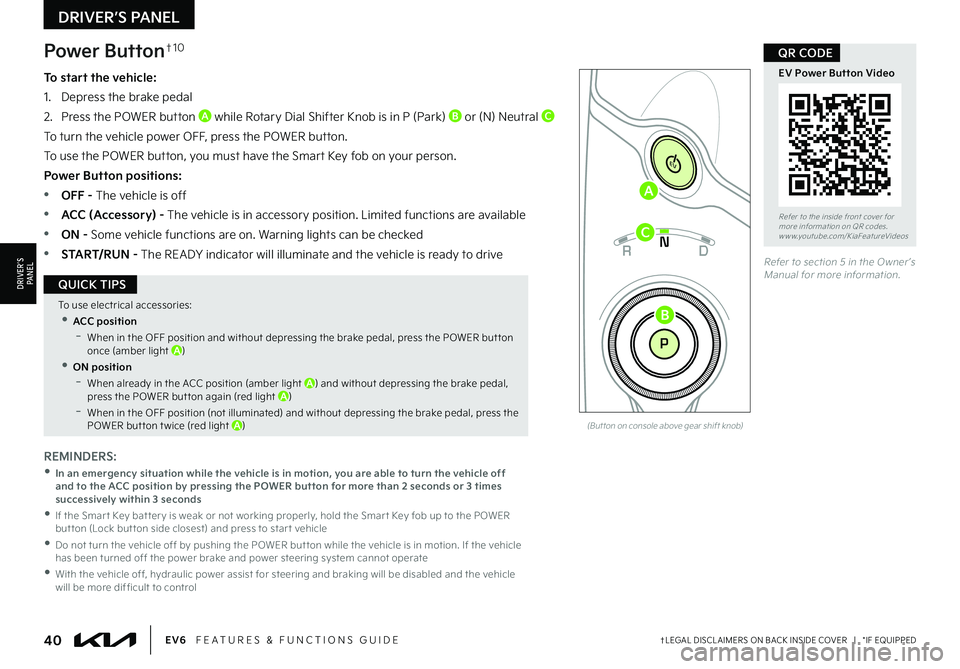 KIA EV6 2022  Features and Functions Guide 40†LEGAL DISCL AIMERS ON BACK INSIDE COVER   |   *IF EQUIPPEDEV6   FEATURES & FUNCTIONS GUIDE
Refer to the inside front cover for  more information on QR codes.www.youtube.com/KiaFeatureVideos
EV Po