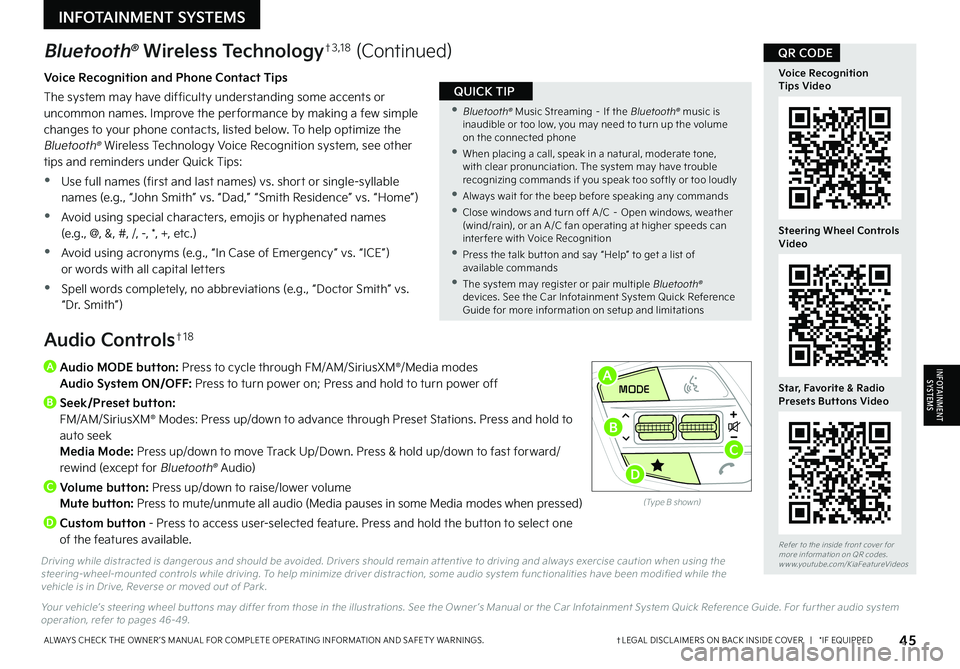 KIA EV6 2022  Features and Functions Guide 45†LEGAL DISCL AIMERS ON BACK INSIDE COVER   |   *IF EQUIPPEDALWAYS CHECK THE OWNER ’S MANUAL FOR COMPLETE OPER ATING INFORMATION AND SAFET Y WARNINGS. 
Refer to the inside front cover for  more i
