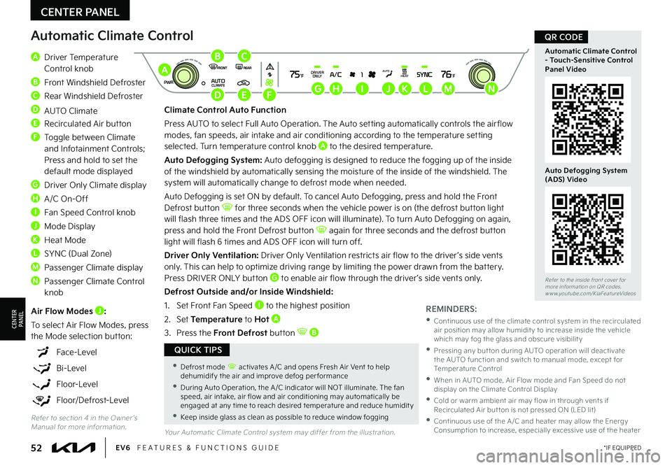 KIA EV6 2022  Features and Functions Guide 52*IF EQUIPPEDEV6   FEATURES & FUNCTIONS GUIDE
Refer to the inside front cover for  more information on QR codes.www.youtube.com/KiaFeatureVideos
Automatic Climate Control - Touch-Sensitive Control Pa