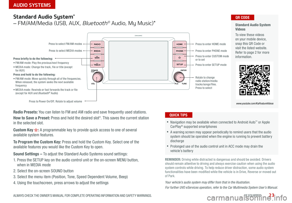 KIA SEDONA 2021  Features and Functions Guide 23
AUDIO SYSTEMS 
ALWAYS CHECK THE OWNER’S MANUAL FOR COMPLETE OPER ATING INFORMATION AND SAFET Y WARNINGS   *IF EQUIPPED
Radio Presets: You can listen to FM and AM radio and save frequently used st