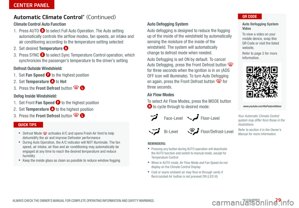 KIA SEDONA 2021 Features and Functions Guide 29ALWAYS CHECK THE OWNER’S MANUAL FOR COMPLETE OPER ATING INFORMATION AND SAFET Y WARNINGS *IF EQUIPPED
Your Automatic Climate Control
system may differ from those in the
illustrations.
Refer KIA SEDONA 2021 Features and Functions Guide 29ALWAYS CHECK THE OWNER’S MANUAL FOR COMPLETE OPER ATING INFORMATION AND SAFET Y WARNINGS *IF EQUIPPED
Your Automatic Climate Control
system may differ from those in the
illustrations.
Refer