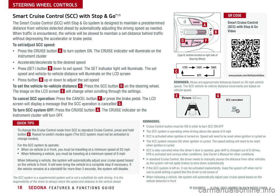 KIA SEDONA 2019 Features and Functions Guide SEDONA FEATURES & FUNCTIONS GUIDE18*IF EQUIPPED †LEGAL DISCL AIMERS ON BACK INSIDE COVER
60
60
60
60
SCC canceledEG
( Type B; buttons located on right side of Steering Wheel)
A
B
DF
REMINDER: KIA SEDONA 2019 Features and Functions Guide SEDONA FEATURES & FUNCTIONS GUIDE18*IF EQUIPPED †LEGAL DISCL AIMERS ON BACK INSIDE COVER
60
60
60
60
SCC canceledEG
( Type B; buttons located on right side of Steering Wheel)
A
B
DF
REMINDER: