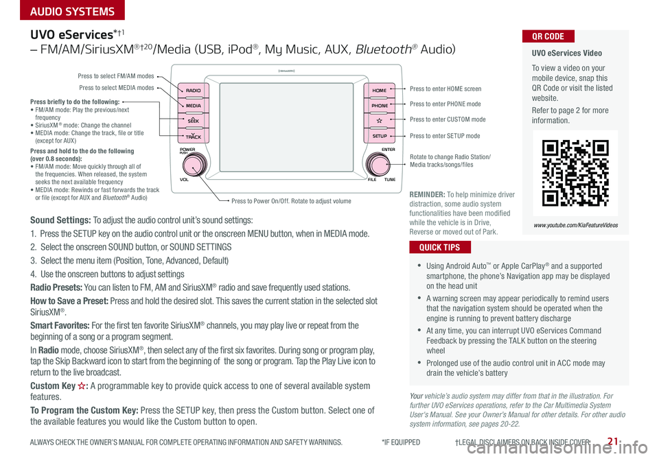 KIA SEDONA 2019 Features and Functions Guide 21
AUDIO SYSTEMS
ALWAYS CHECK THE OWNER’S MANUAL FOR COMPLETE OPER ATING INFORMATION AND SAFET Y WARNINGS *IF EQUIPPED †LEGAL DISCL AIMERS ON BACK INSIDE COVER
POWER
VOLPUSH KIA SEDONA 2019 Features and Functions Guide 21
AUDIO SYSTEMS
ALWAYS CHECK THE OWNER’S MANUAL FOR COMPLETE OPER ATING INFORMATION AND SAFET Y WARNINGS *IF EQUIPPED †LEGAL DISCL AIMERS ON BACK INSIDE COVER
POWER
VOLPUSH