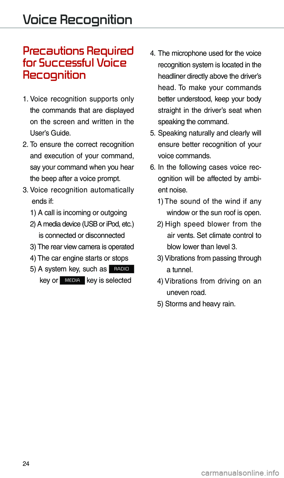 KIA SEDONA 2019  Navigation System Quick Reference Guide 24
Precautions Required 
for Successful Voice 
Recognition
1.  Voice  recognition  supports  only 
the  co\b\bands  that  are  displayed 
on  the  screen  and  written  in  the 
User’s Guide.
2.  \f