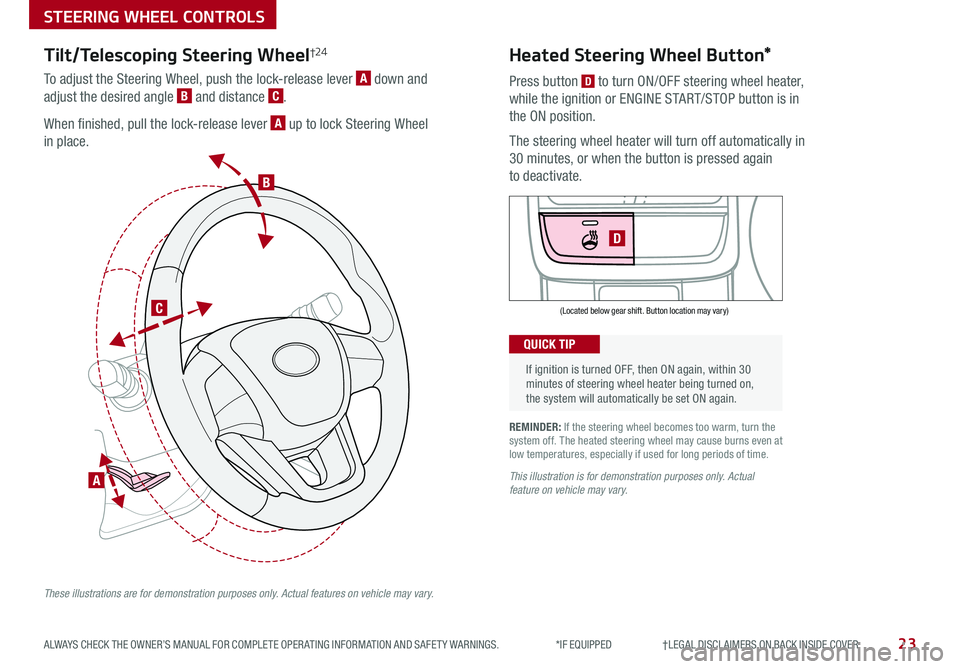 KIA OPTIMA PHEV 2020  Features and Functions Guide 23ALWAYS CHECK THE OWNER’S MANUAL FOR COMPLETE OPER ATING INFORMATION AND SAFET Y WARNINGS .  *IF EQUIPPED                     †LEGAL DISCL AIMERS ON BACK INSIDE COVER
   
If ignition is turned OF