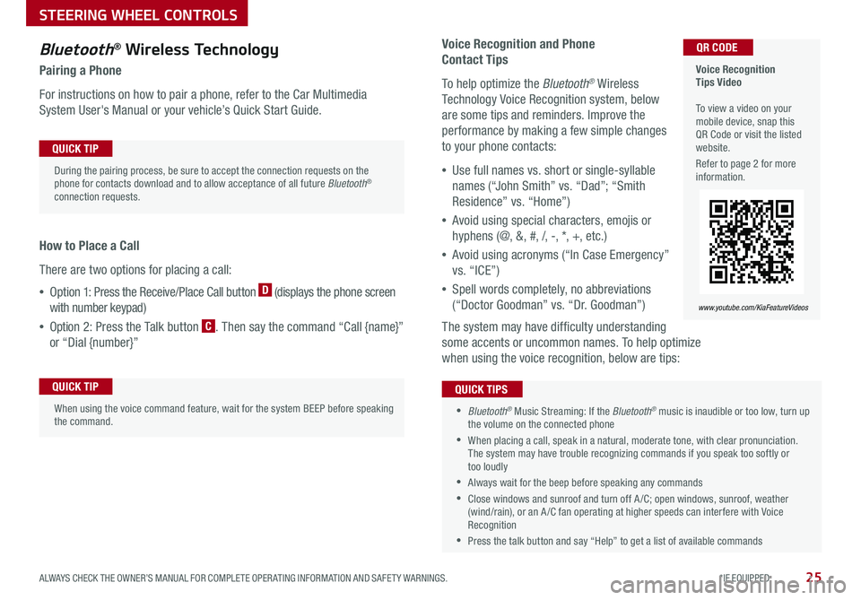KIA OPTIMA PHEV 2020  Features and Functions Guide 25ALWAYS CHECK THE OWNER’S MANUAL FOR COMPLETE OPER ATING INFORMATION AND SAFET Y WARNINGS .  *IF EQUIPPED
Voice Recognition and Phone  
Contact Tips
To help optimize the Bluetooth® Wireless 
Techn