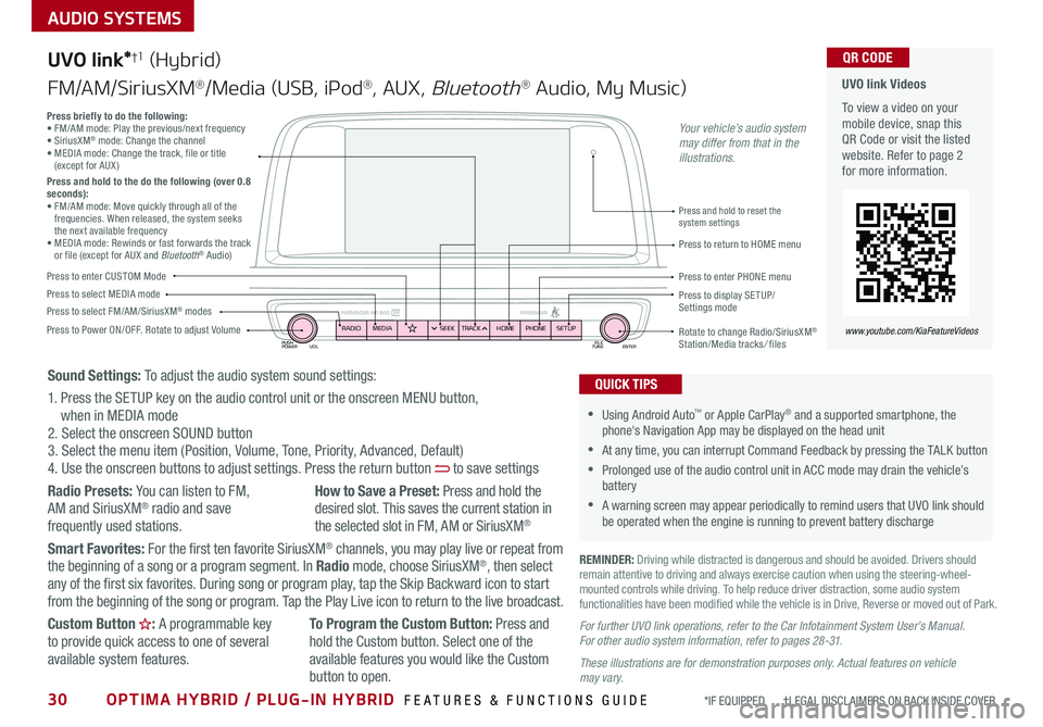 KIA OPTIMA PHEV 2020  Features and Functions Guide 30OPTIMA HYBRID / PLUG-IN HYBRID  FEATURES & FUNCTIONS GUIDE*IF EQUIPPED       †LEGAL DISCL AIMERS ON BACK INSIDE COVER
AUDIO SYSTEMS
  UVO link Videos
To view a video on your mobile device, snap th