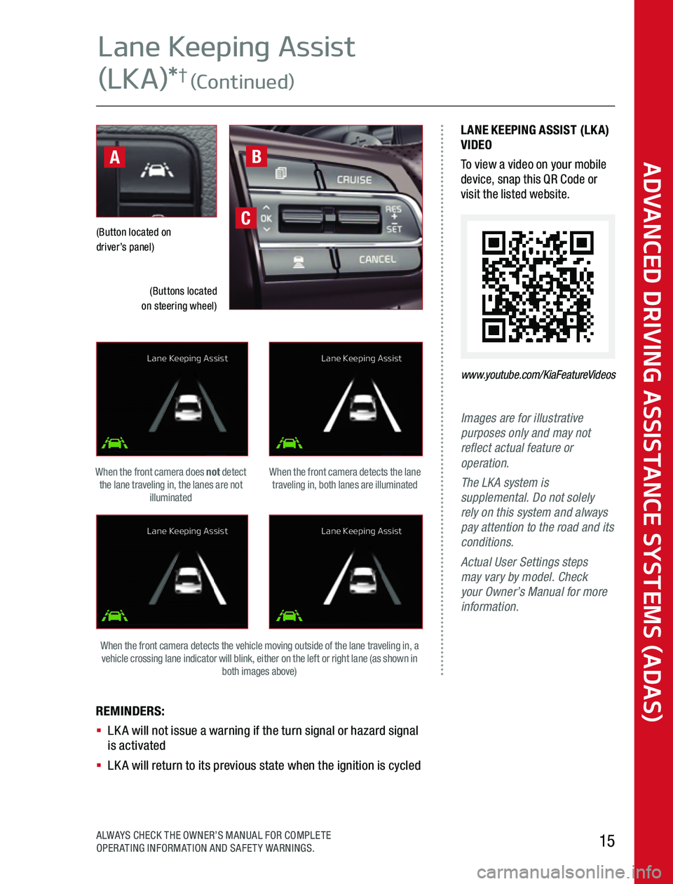 KIA OPTIMA PHEV 2020 Advanced Driving Assistance System Images are for illustrative purposes only and may not reflect actual feature or operation.The LKA system is supplemental. Do not solely rely on this system and always pay attention to the road and its KIA OPTIMA PHEV 2020 Advanced Driving Assistance System Images are for illustrative purposes only and may not reflect actual feature or operation.The LKA system is supplemental. Do not solely rely on this system and always pay attention to the road and its