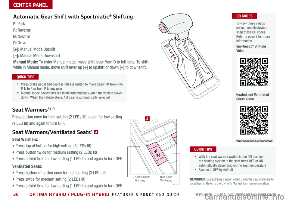 KIA OPTIMA PHEV 2019  Features and Functions Guide 36OPTIMA HYBRID / PLUG-IN HYBRID  FEATURES & FUNCTIONS GUIDE*IF EQUIPPED       †LEGAL DISCL AIMERS ON BACK INSIDE COVER
  To view these videos on your mobile device, snap these QR codes . Refer to p