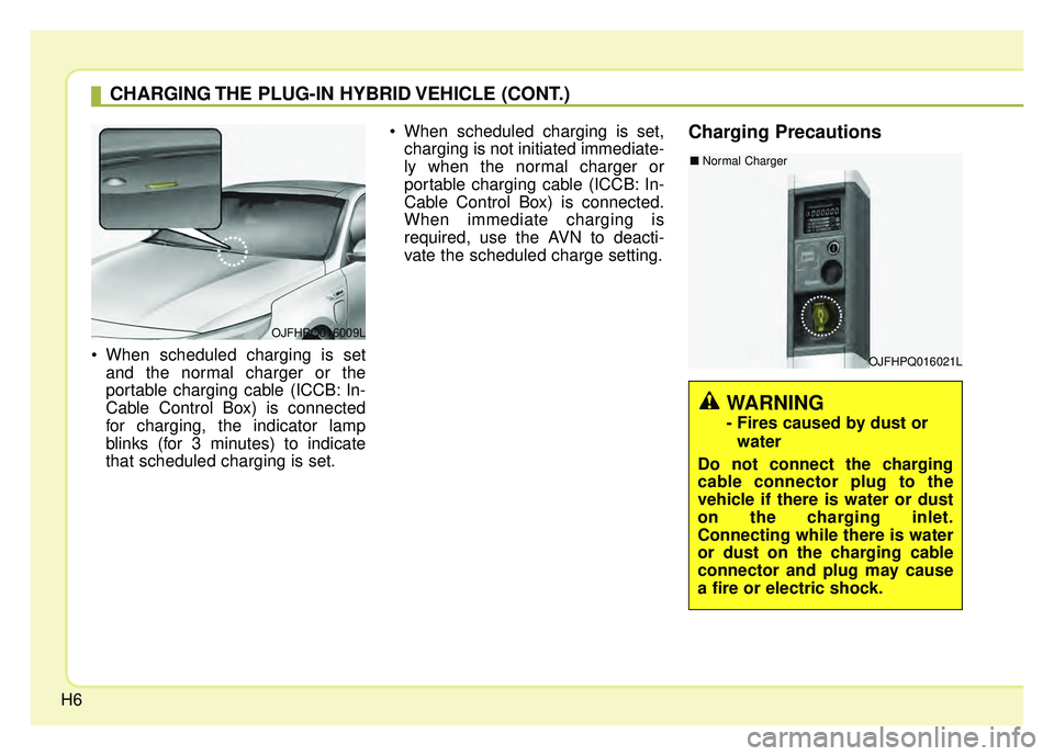 KIA OPTIMA PHEV 2018  Owners Manual H6 When scheduled charging is set
and the normal charger or the
portable charging cable (ICCB: In-
Cable Control Box) is connected
for charging, the indicator lamp
blinks (for 3 minutes) to indicate
t