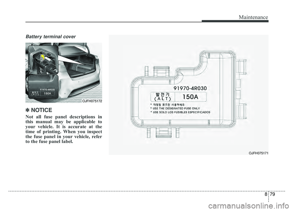 KIA OPTIMA PHEV 2018  Owners Manual 879
Maintenance
Battery terminal cover
✽
✽NOTICE
Not all fuse panel descriptions in
this manual may be applicable to
your vehicle. It is accurate at the
time of printing. When you inspect
the fuse