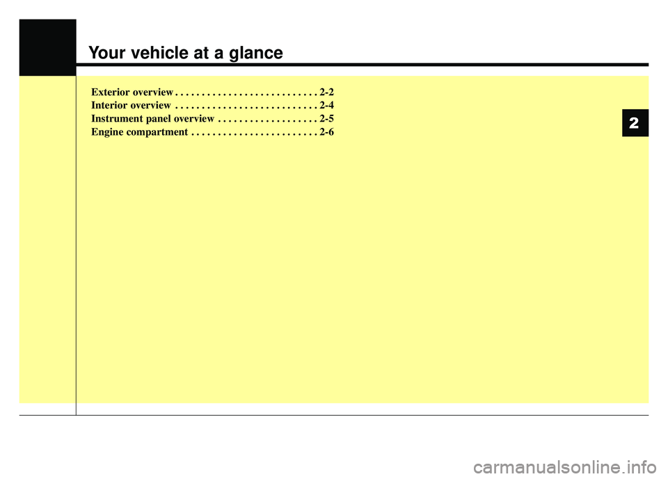 KIA OPTIMA PHEV 2018  Owners Manual Your vehicle at a glance
Exterior overview . . . . . . . . . . . . . . . . . . . . . . . . . . . 2-2
Interior overview . . . . . . . . . . . . . . . . . . . . . . . . . . . 2-4
Instrument panel overvi