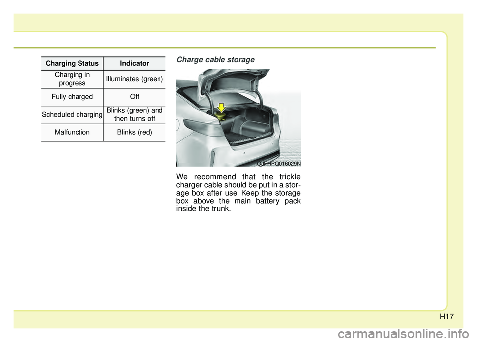 KIA OPTIMA PHEV 2017  Owners Manual H17
Charge cable storage
We recommend that the trickle
charger cable should be put in a stor-
age box after use. Keep the storage
box above the main battery pack
inside the trunk.
OJFHPQ016029N
Chargi