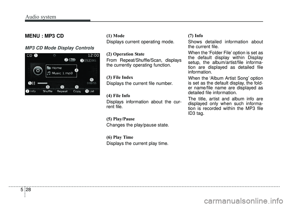 KIA OPTIMA PHEV 2017  Owners Manual Audio system
28
5
MENU : MP3 CD
MP3 CD Mode Display Controls
(1) Mode
Displays current operating mode.
(2) Operation State
From Repeat/Shuffle/Scan, displays
the currently operating function.
(3) File