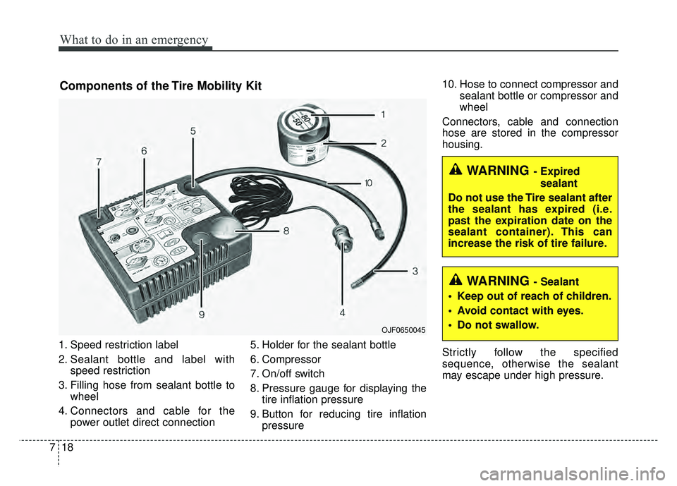 KIA OPTIMA PHEV 2017  Owners Manual What to do in an emergency
18
7
1. Speed restriction label
2. Sealant bottle and label with
speed restriction
3. Filling hose from sealant bottle to wheel
4. Connectors and cable for the power outlet 