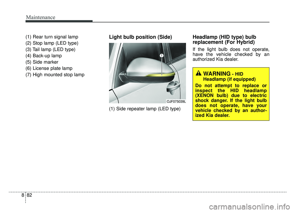 KIA OPTIMA PHEV 2017  Owners Manual Maintenance
82
8
(1) Rear turn signal lamp
(2) Stop lamp (LED type)
(3) Tail lamp (LED type)
(4) Back-up lamp
(5) Side marker
(6) License plate lamp 
(7) High mounted stop lampLight bulb position (Sid
