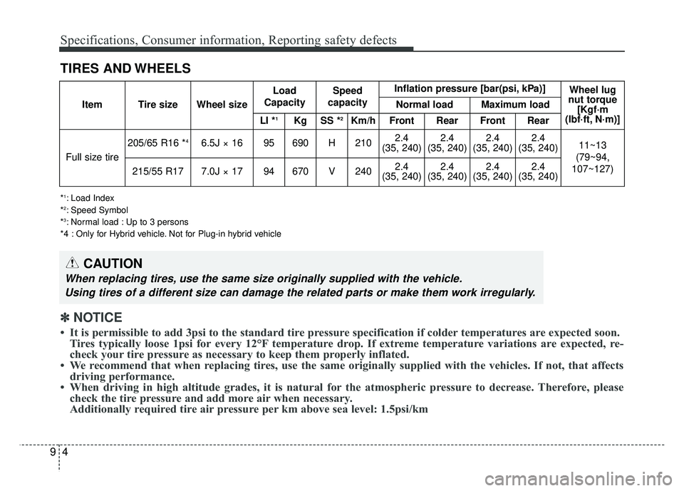 KIA OPTIMA PHEV 2017 Owners Manual Specifications, Consumer information, Reporting safety defects
49
TIRES AND WHEELS
*1: Load Index
*2: Speed Symbol
*3: Normal load : Up to 3 persons
*4 : Only for Hybrid vehicle. Not for Plug-in hybri KIA OPTIMA PHEV 2017 Owners Manual Specifications, Consumer information, Reporting safety defects
49
TIRES AND WHEELS
*1: Load Index
*2: Speed Symbol
*3: Normal load : Up to 3 persons
*4 : Only for Hybrid vehicle. Not for Plug-in hybri
