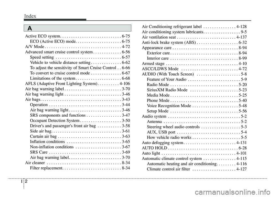 KIA OPTIMA PHEV 2017  Owners Manual Index
2I
Active ECO system. . . . . . . . . . . . . . . . . . . . . . . . . . . . 6-75ECO (Active ECO) mode. . . . . . . . . . . . . . . . . . . . . 6-75
A/V Mode . . . . . . . . . . . . . . . . . . .