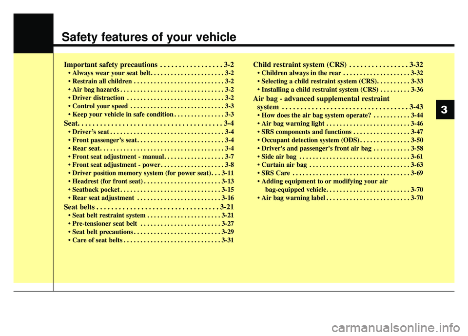 KIA OPTIMA PHEV 2017  Owners Manual Safety features of your vehicle
Important safety precautions . . . . . . . . . . . . . . . . . 3-2
• Always wear your seat belt. . . . . . . . . . . . . . . . . . . . . . 3-2
 . . . . . . . . . . . 