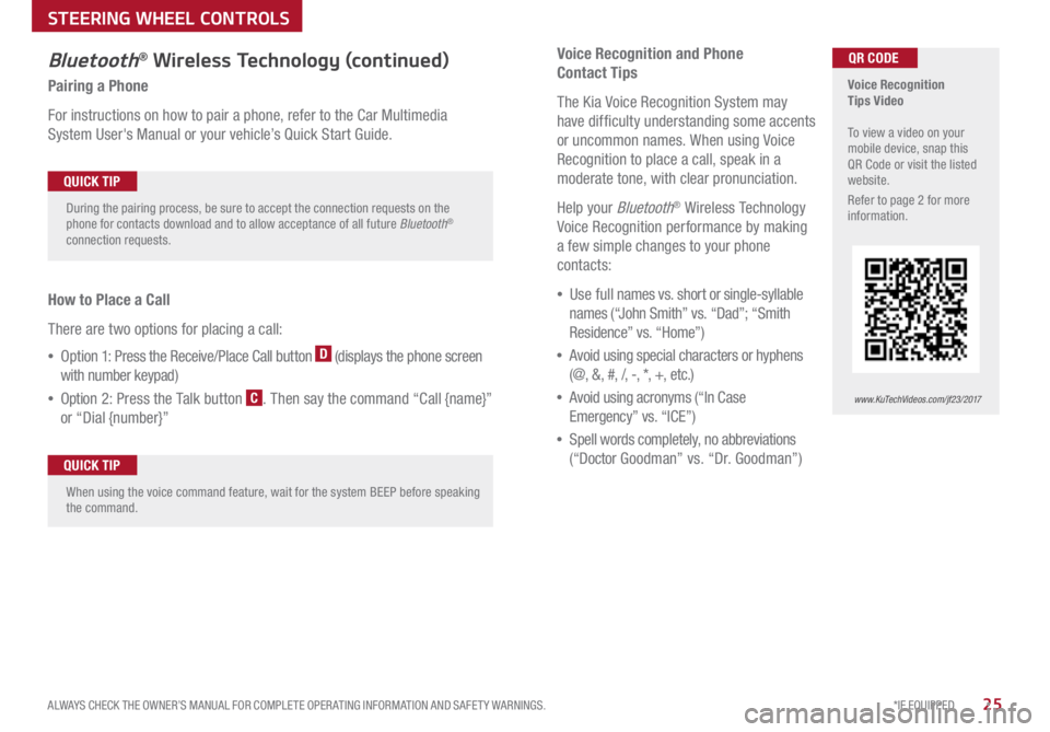 KIA OPTIMA PHEV 2017  Features and Functions Guide *IF EQUIPPED 
ALWAYS CHECK THE OWNER’S MANUAL FOR COMPLETE OPER ATING INFORMATION AND SAFET Y WARNINGS  .25
Voice Recognition and Phone  
Contact Tips
The Kia Voice Recognition System may 
have diff