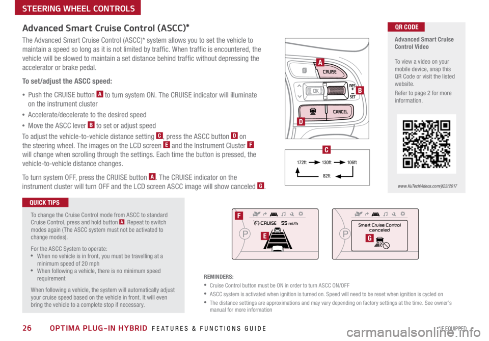 KIA OPTIMA PHEV 2017  Features and Functions Guide 26*IF EQUIPPED OPTIMA PLUG-IN HYBRID  FEATURES & FUNCTIONS GUIDE
STEERING WHEEL CONTROLS
 
 
Advanced Smart Cruise 
Control Video 
  
To view a video on your 
mobile device, snap this 
QR Code or visi