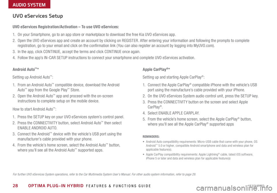 KIA OPTIMA PHEV 2017  Features and Functions Guide 28*IF EQUIPPED 
AUDIO SYSTEM
OPTIMA PLUG-IN HYBRID  FEATURES & FUNCTIONS GUIDE
For further UVO eServices System operations, refer to the Car Multimedia System User's Manual. For other audio system