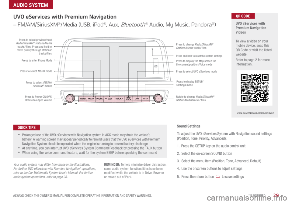 KIA OPTIMA PHEV 2017  Features and Functions Guide 29*IF EQUIPPED 
ALWAYS CHECK THE OWNER’S MANUAL FOR COMPLETE OPER ATING INFORMATION AND SAFET Y WARNINGS  .
AUDIO SYSTEM
 
 
UVO eServices with 
Premium Navigation 
Videos 
  
To view a video on you