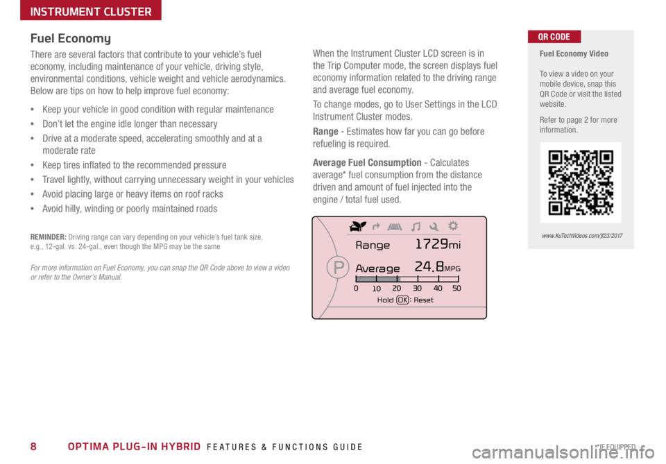 KIA OPTIMA PHEV 2017  Features and Functions Guide 8*IF EQUIPPED OPTIMA PLUG-IN HYBRID  FEATURES & FUNCTIONS GUIDE
 
 
Fuel Economy Video  
 
To view a video on your 
mobile device, snap this 
QR Code or visit the listed 
website .
Refer to page 2 for